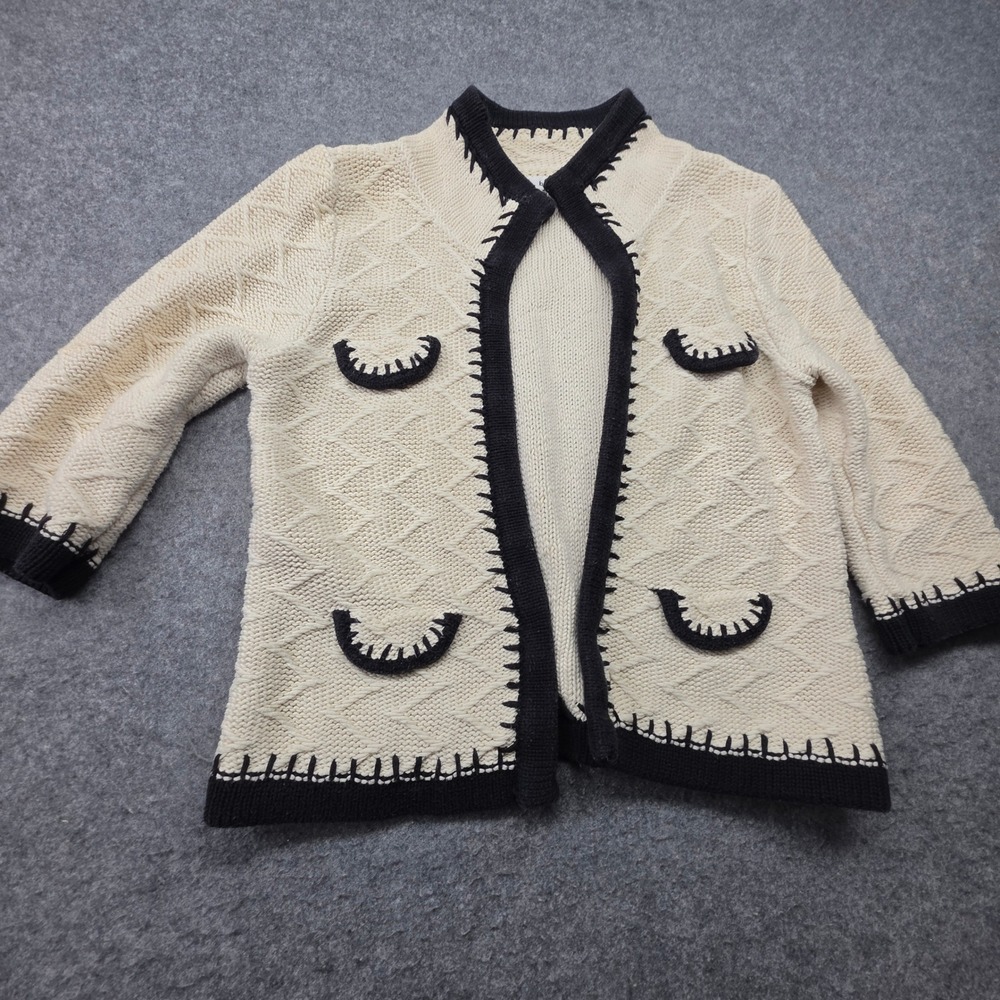 Cabi Women Cream Black Contrast Blanket Stitch Open Front Cable Knit Cardigan M